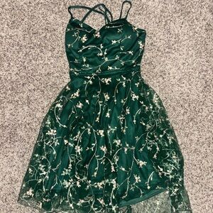 SHEIN Dark Green Floral Embroidered Party Dress